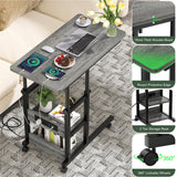 2-Tier Height Adjustable C Shaped End Table with Charging Station, with USB Ports and Wheels