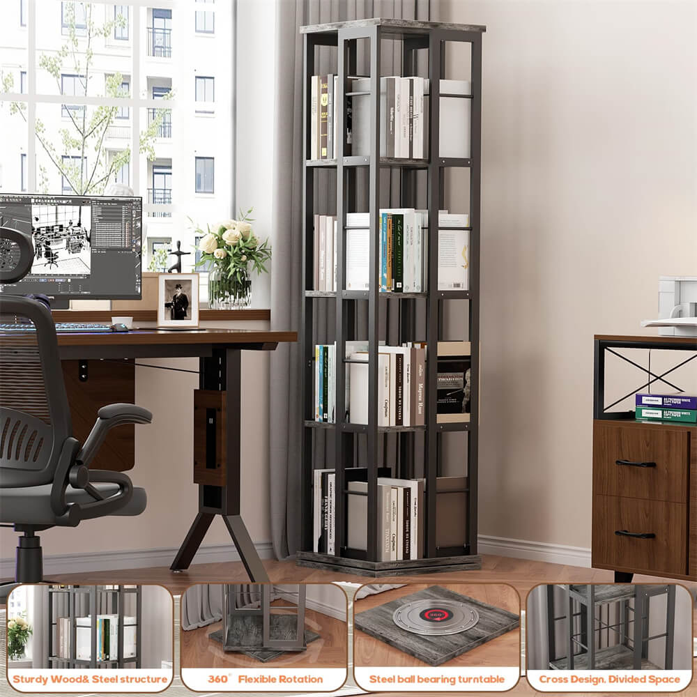 Wooden & Metal Rotating Bookshelf, Corner Bookshelf, 360 Display, for Small Space, Bed Room, Study Room