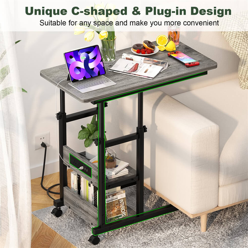 2-Tier Height Adjustable C Shaped End Table with Charging Station, with USB Ports and Wheels