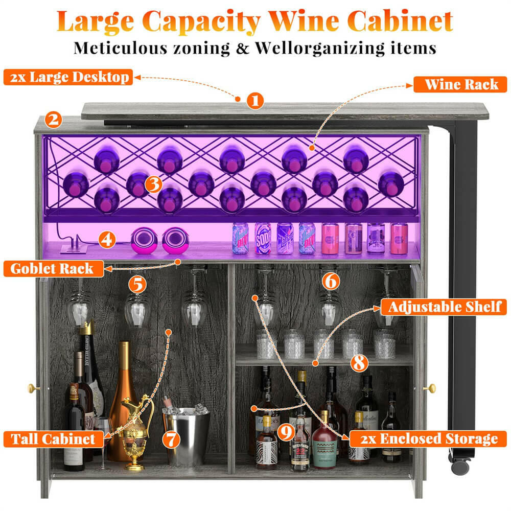 Unikito Rotating Wine Bar Cabinet, Tall Home Bar with LED Lights & Power Outlets, Liquor Bar Cabinet with Wine Rack & Glass Holder, Corner Bar Cabinet with Storage & Doors, Home, Dining Room