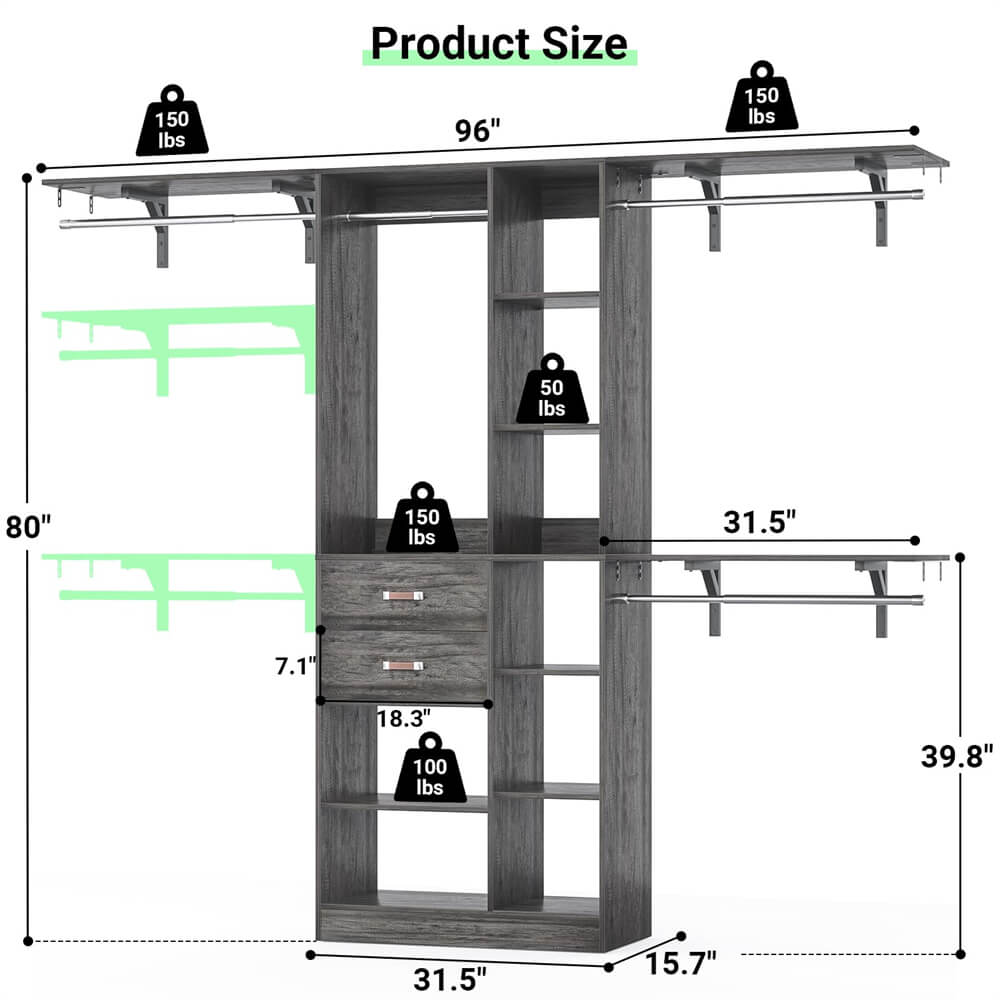 8FT Heavy Duty Closet Organizer System, Walk In Closet System with 13 Shelves and 2 Wood Drawers