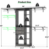 8FT Heavy Duty Closet Organizer System, Walk In Closet System with 13 Shelves and 2 Wood Drawers