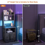 Tall Nightstand with Charging Station and LED Lights, 47 inch Height, with Bookshelf and Storage Cabinet