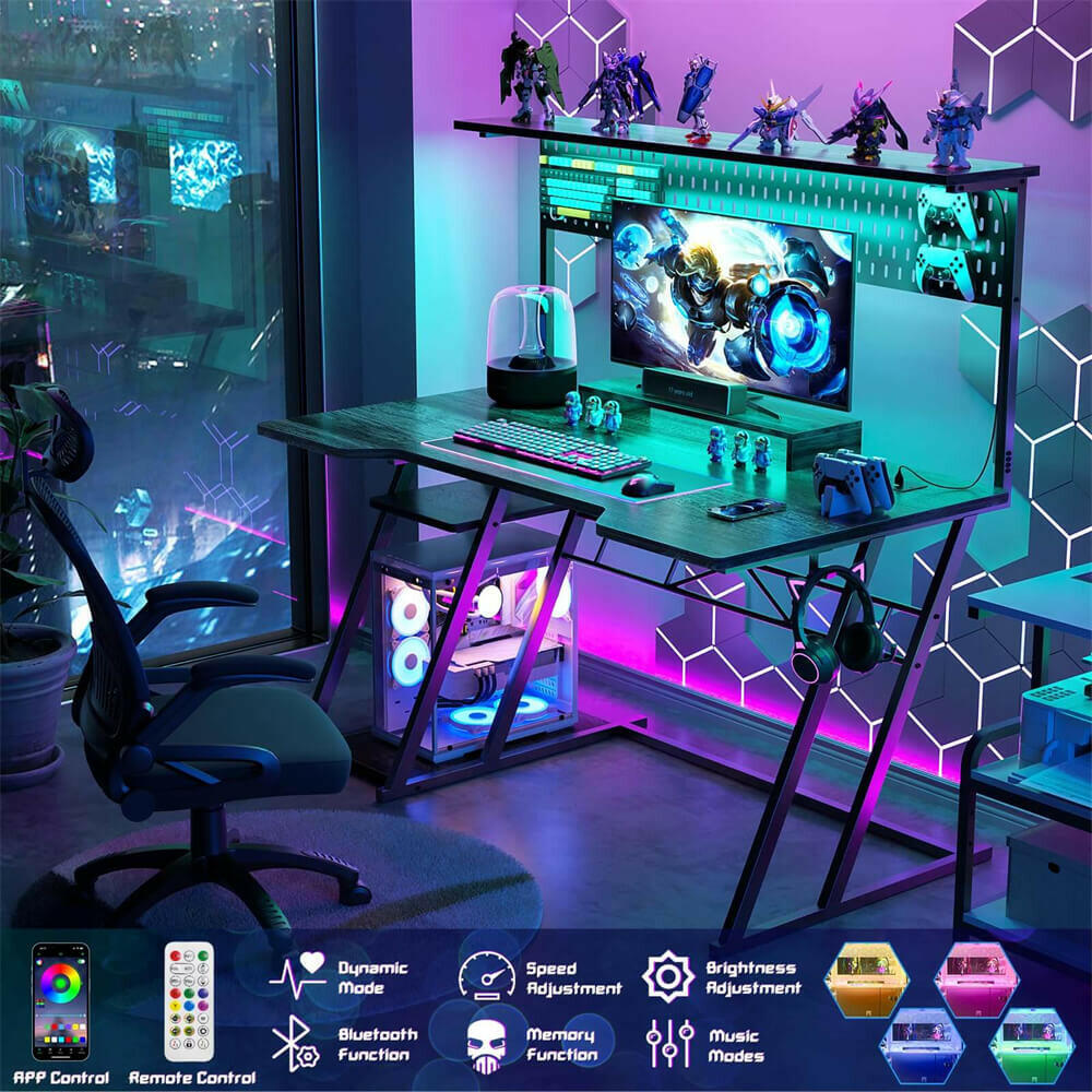 Unikito L Shaped Gaming Desk with Monitor Stand and Shelves, 47'' Gaming Computer Desk with LED Lights and Outlets, Reversible PC Gaming Desk with Keyboard Tray & Z-Shaped Legs