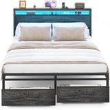 Unikito Full Size Bed Frame with 2 Storage Drawers, Industrial Metal Platform Bed with Charged Headboard and LED lights, No Box Spring Needed, Noise-Free, Easy Assembly