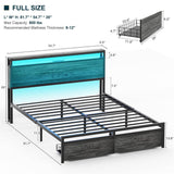 Unikito Full Size Bed Frame with 2 Storage Drawers, Industrial Metal Platform Bed with Charged Headboard and LED lights, No Box Spring Needed, Noise-Free, Easy Assembly