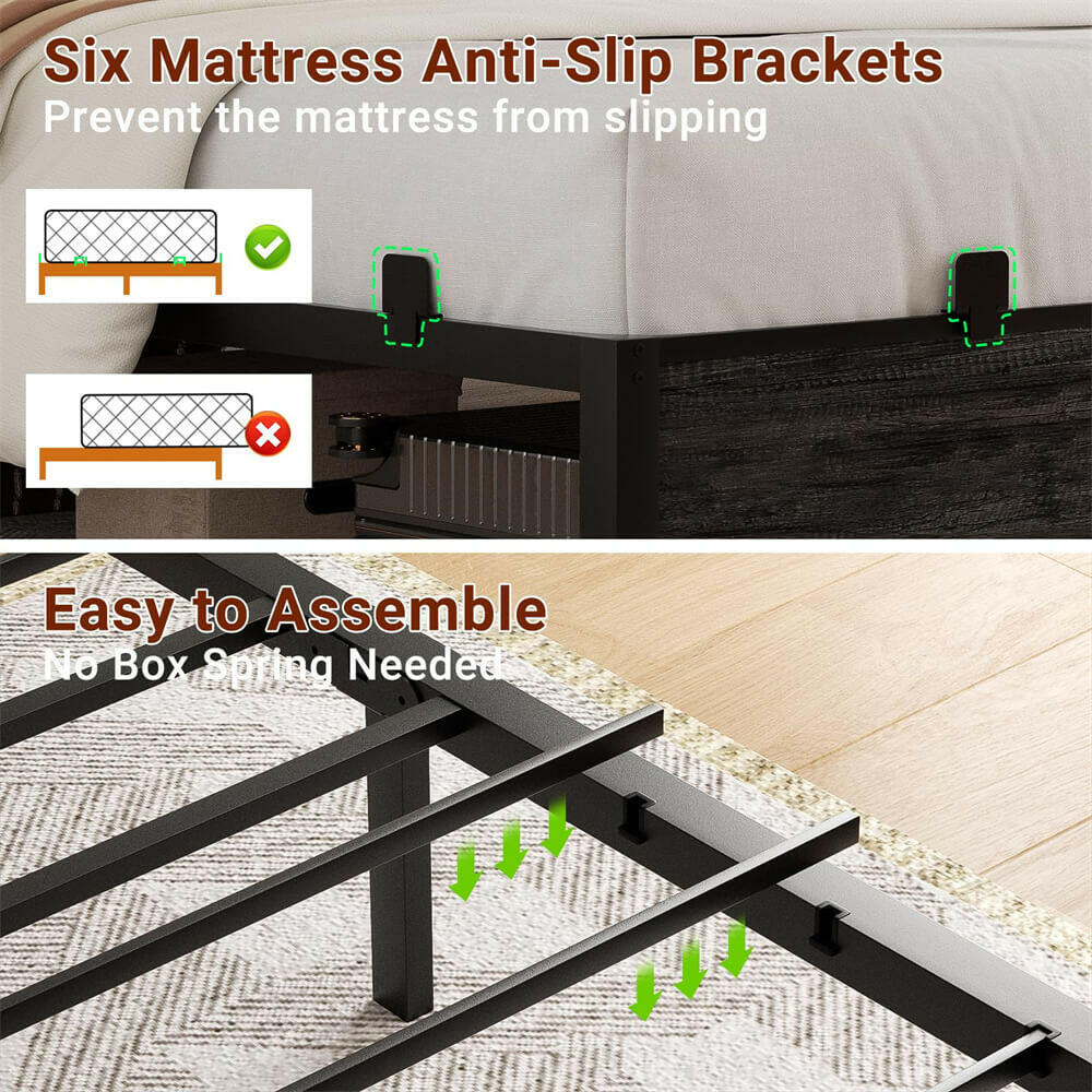 Unikito Full Size Bed Frame with Storage Headboard and Charging Station, Industrial Platform Metal Bed with LED Lights, Steel Slat Support, No Box Spring Needed, Noise-Free, Easy Assembly