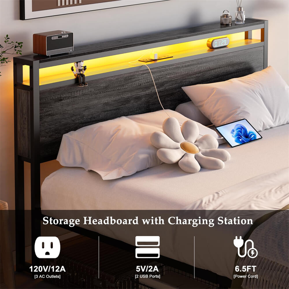 Unikito Full Size Bed Frame with 2 Storage Drawers, Industrial Metal Platform Bed with Charged Headboard and LED lights, No Box Spring Needed, Noise-Free, Easy Assembly