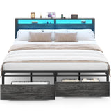 Unikito King Size Bed Frame with 2 Storage Drawers, Industrial Metal Platform Bed with Charged Headboard and LED lights, No Box Spring Needed, Noise-Free, Easy Assembly