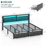 Unikito King Size Bed Frame with 2 Storage Drawers, Industrial Metal Platform Bed with Charged Headboard and LED lights, No Box Spring Needed, Noise-Free, Easy Assembly