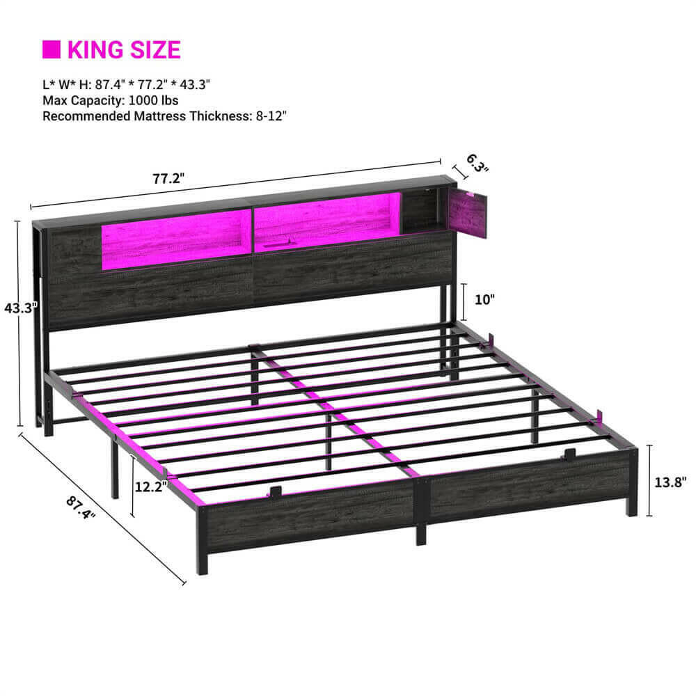 Unikito King Size Bed Frame with Storage Headboard and Charging Station, Industrial Platform Metal Bed with LED Lights, Steel Slat Support, No Box Spring Needed, Noise-Free, Easy Assembly