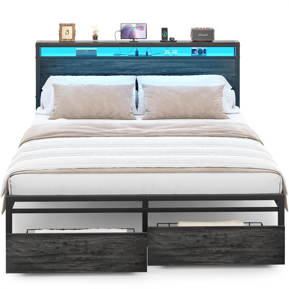 Unikito Queen Bed Frame with 2 Storage Drawers, Industrial Metal Platform Bed with Charged Headboard and LED lights, No Box Spring Needed, Noise-Free, Easy Assembly