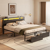 Unikito Queen Bed Frame with 2 Storage Drawers, Industrial Metal Platform Bed with Charged Headboard and LED lights, No Box Spring Needed, Noise-Free, Easy Assembly