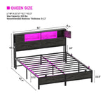 Unikito Queen Size Bed Frame with Storage Headboard and Charging Station, Industrial Platform Metal Bed with LED Lights, Steel Slat Support, No Box Spring Needed, Noise-Free, Easy Assembly