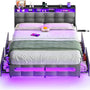 Queen Size Bed Frame with Drawers, Charging Station and LED Light, Upholstered Queen Bed Frame with Storage Headboard