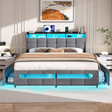 Queen Size Bed Frame with Drawers, Charging Station and LED Light, Upholstered Queen Bed Frame with Storage Headboard