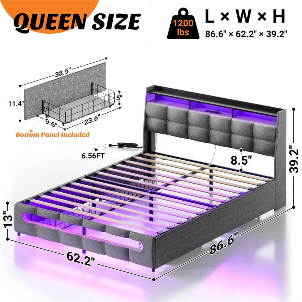 Queen Size Bed Frame with Drawers, Charging Station and LED Light, Upholstered Queen Bed Frame with Storage Headboard