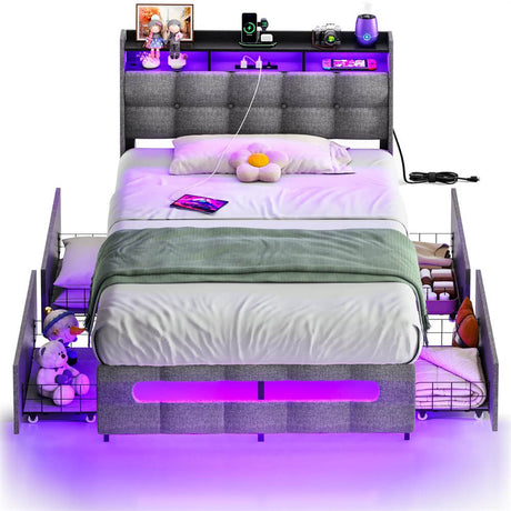 Twin Size Bed Frame with Upholstered Storage Headboard, Charging Stations, LED Lights, and 4 Under Bed Drawers, Noise Free