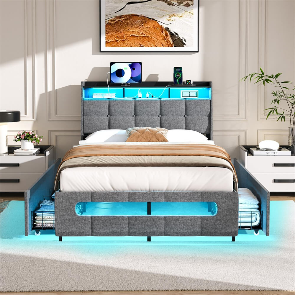 Twin Size Bed Frame with Upholstered Storage Headboard, Charging Stations, LED Lights, and 4 Under Bed Drawers, Noise Free