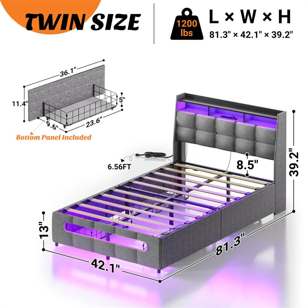 Twin Size Bed Frame with Upholstered Storage Headboard, Charging Stations, LED Lights, and 4 Under Bed Drawers, Noise Free