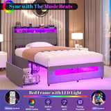 Twin Size Bed Frame with Upholstered Storage Headboard, Charging Stations, LED Lights, and 4 Under Bed Drawers, Noise Free