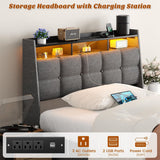 Twin Size Bed Frame with Upholstered Storage Headboard, Charging Stations, LED Lights, and 4 Under Bed Drawers, Noise Free