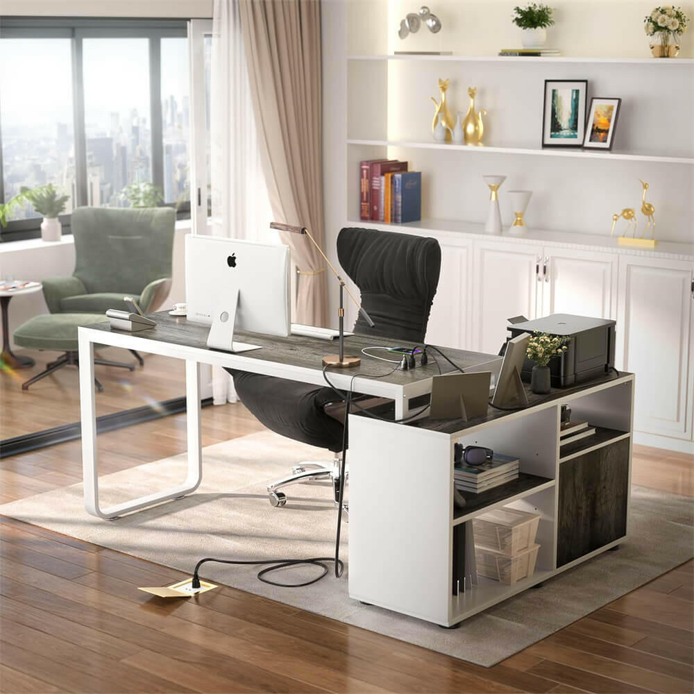 Unikito L Shaped Desk with File Cabinet & Power Outlet, Reversible 55 Inch Large Corner Computer Desks with LED Strip, L-Shaped Computer Desk with Drawers and Storage Shelves