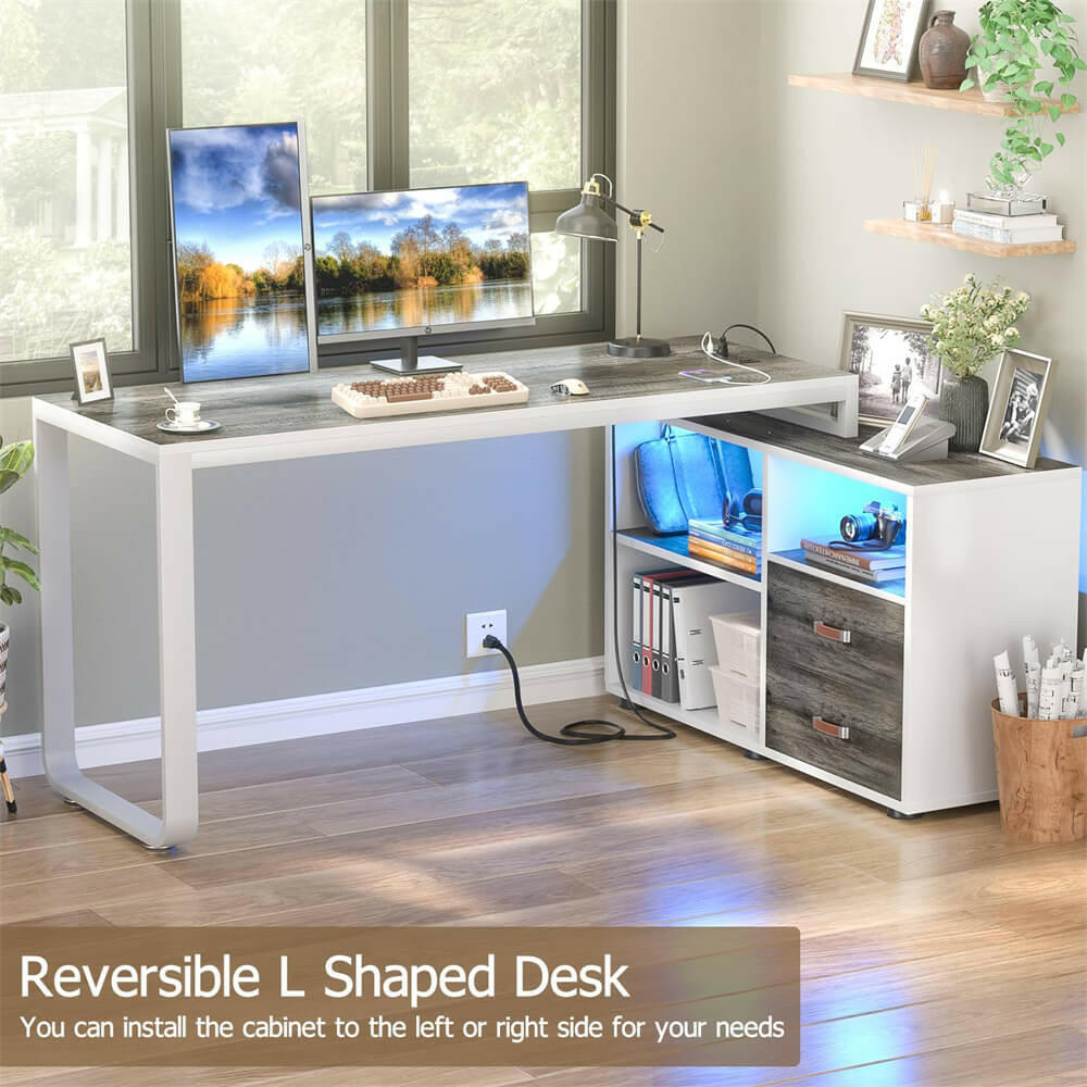 Unikito L Shaped Desk with File Cabinet & Power Outlet, Reversible 55 Inch Large Corner Computer Desks with LED Strip, L-Shaped Computer Desk with Drawers and Storage Shelves