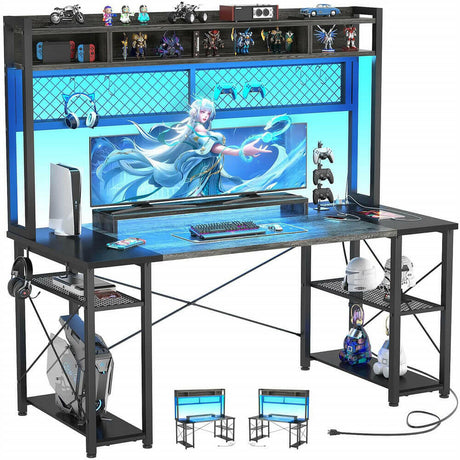 Unikito 2024 Upgrade Gaming Desk with Hutch, 55.2'' Magic Computer Desk with LED and Outlets, Reversible Workstation Desk with Pegboard