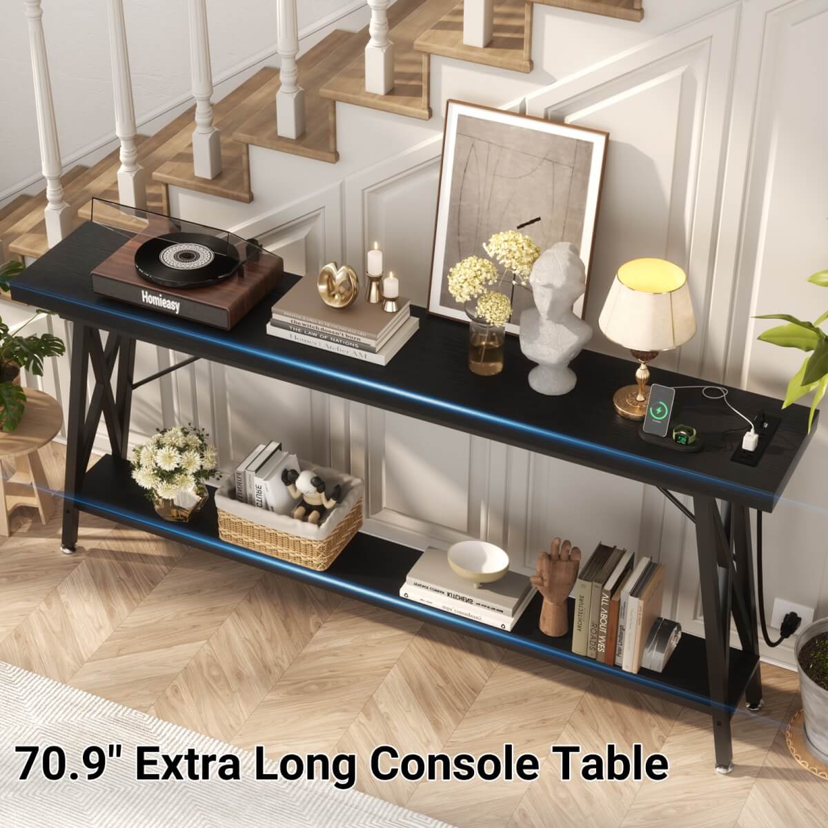 71'' Length Console Table with Charging Station, 2-Tier Long Sofa Table with Storage