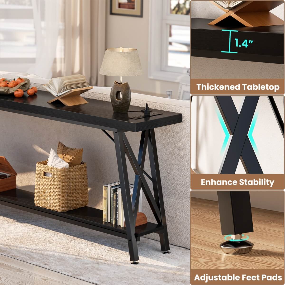 71'' Length Console Table with Charging Station, 2-Tier Long Sofa Table with Storage