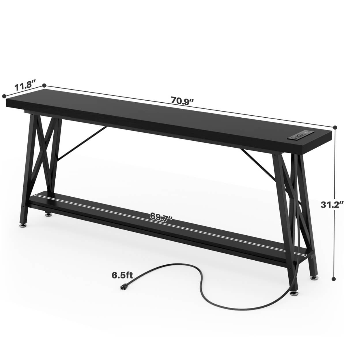 71'' Length Console Table with Charging Station, 2-Tier Long Sofa Table with Storage