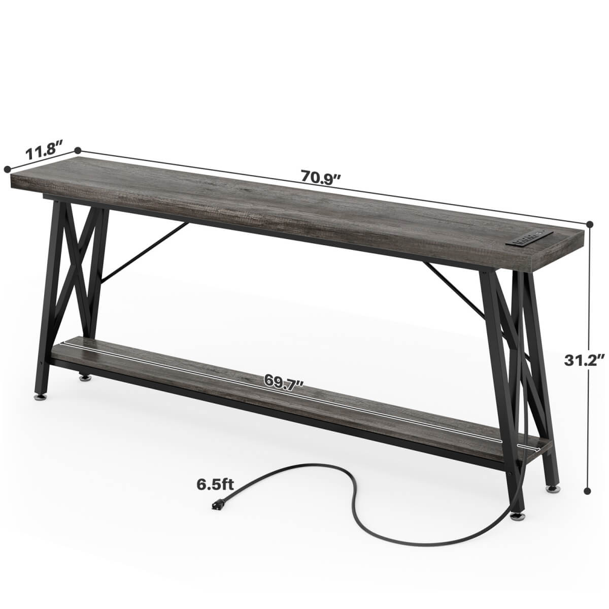 71'' Length Console Table with Charging Station, 2-Tier Long Sofa Table with Storage