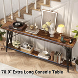 71'' Length Console Table with Charging Station, 2-Tier Long Sofa Table with Storage