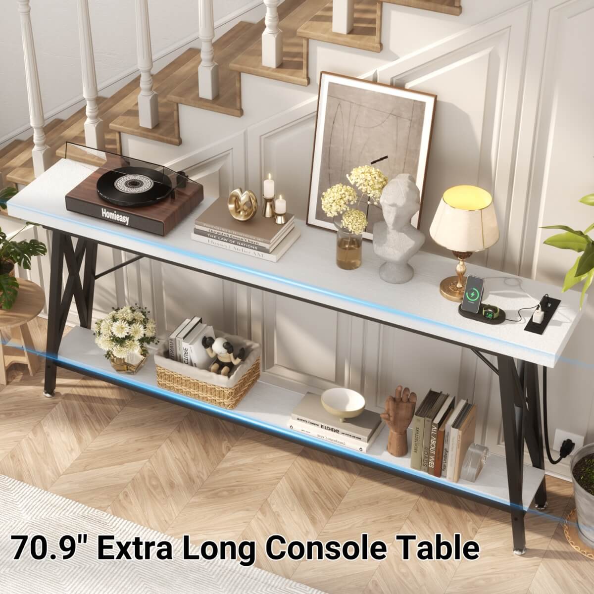 71'' Length Console Table with Charging Station, 2-Tier Long Sofa Table with Storage