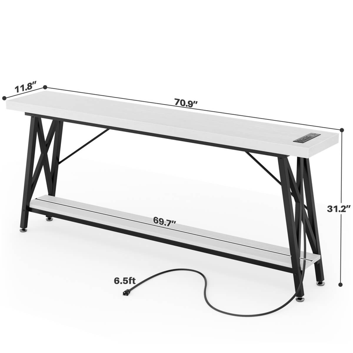 71'' Length Console Table with Charging Station, 2-Tier Long Sofa Table with Storage