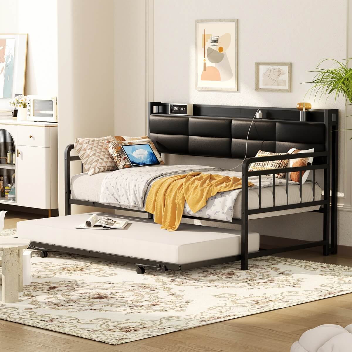 Daybed with Upholstered Headboard and Power Outlets, Twin Size Day Bed with Trundle ( Mattress not Included )