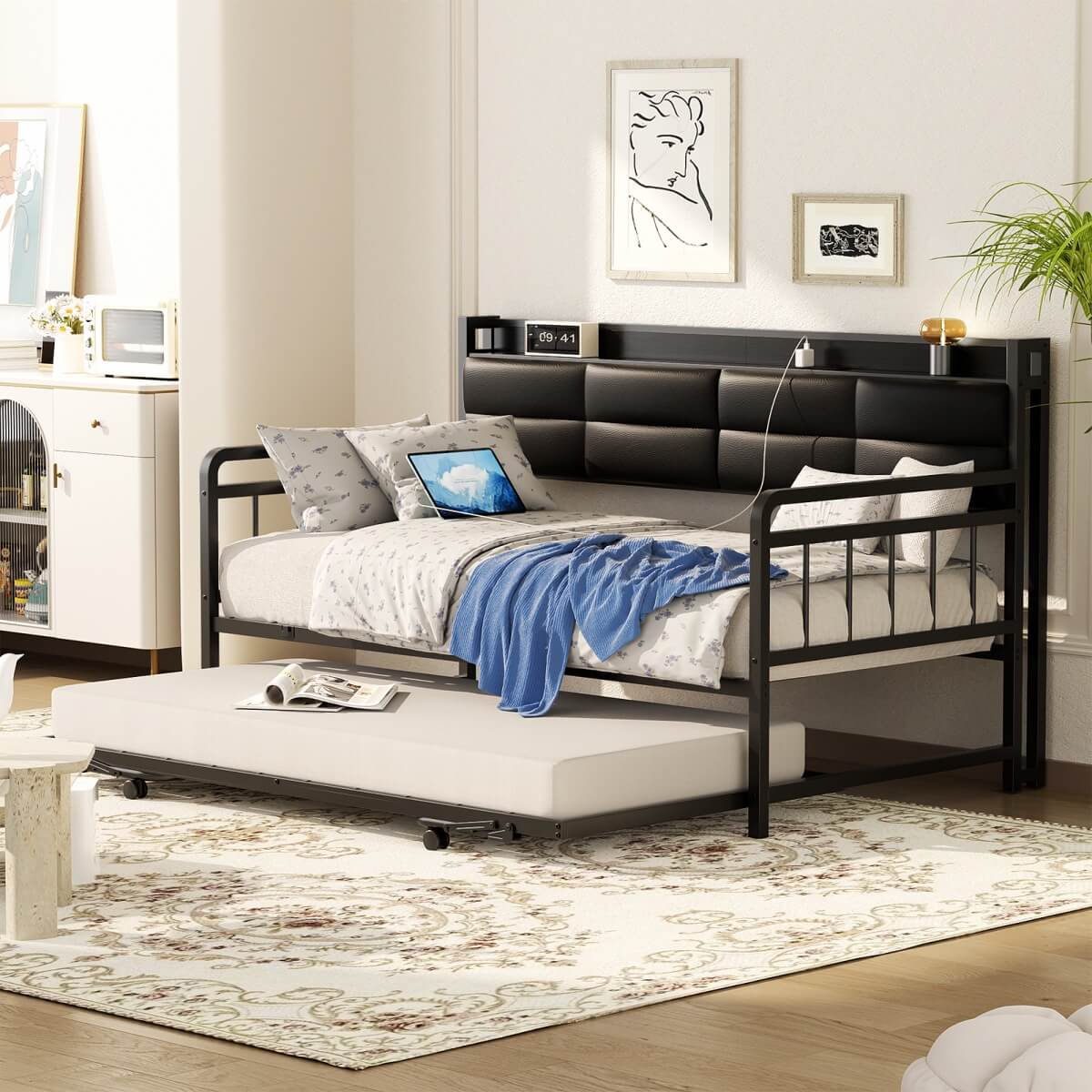 Daybed with Upholstered Headboard and Power Outlets, Twin Size Day Bed with Trundle ( Mattress not Included )