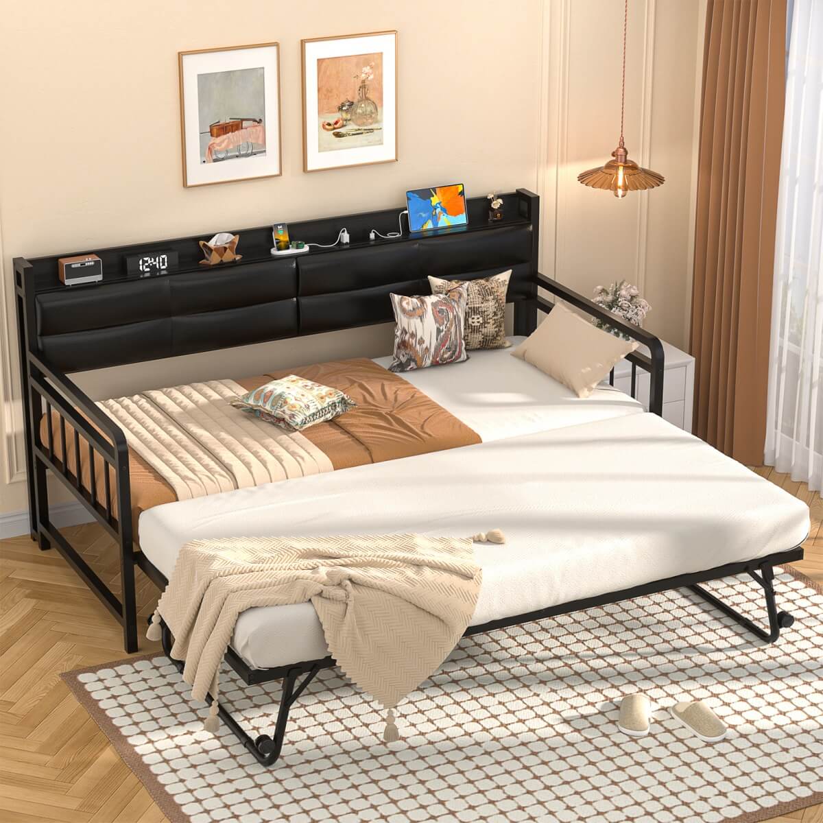 Daybed with Upholstered Headboard and Power Outlets, Twin Size Day Bed with Trundle ( Mattress not Included )