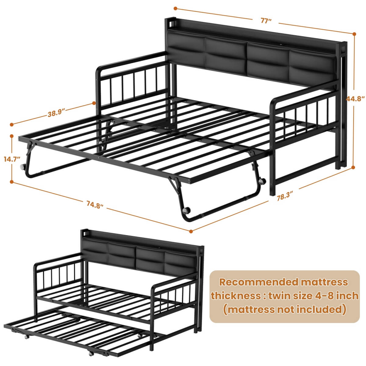 Daybed with Upholstered Headboard and Power Outlets, Twin Size Day Bed with Trundle ( Mattress not Included )