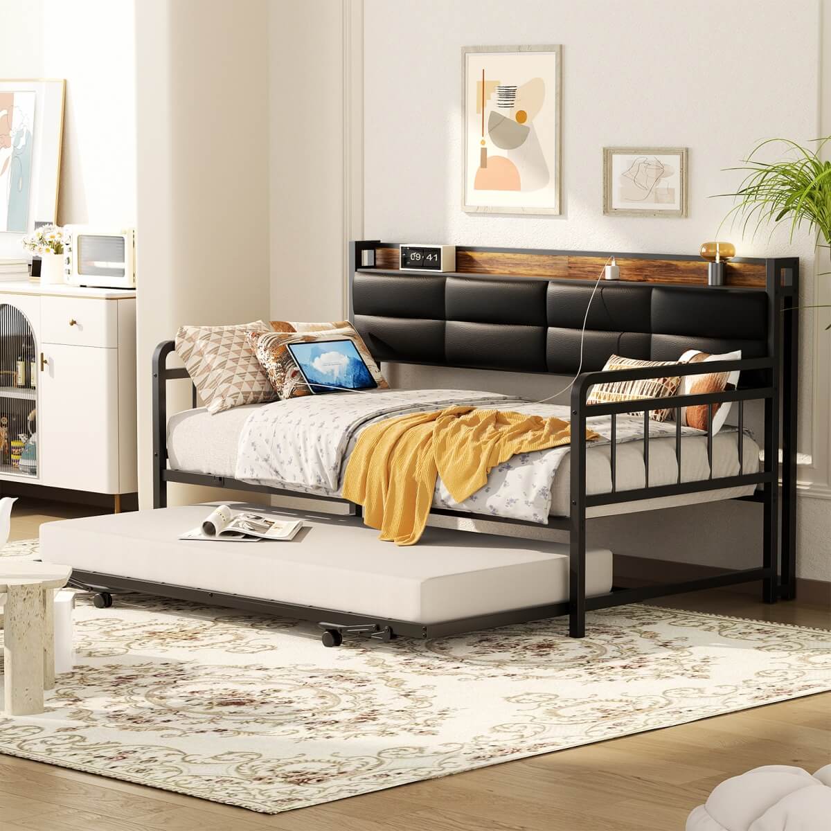 Daybed with Upholstered Headboard and Power Outlets, Twin Size Day Bed with Trundle ( Mattress not Included )