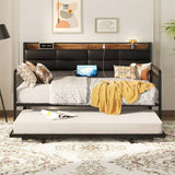 Daybed with Upholstered Headboard and Power Outlets, Twin Size Day Bed with Trundle ( Mattress not Included )