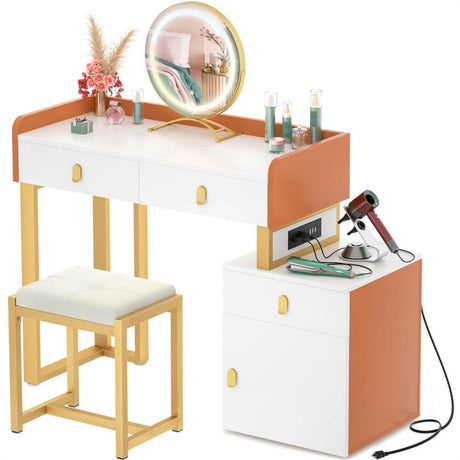 Unikito Vanity Desk with Mirror and Lights, Makeup Vanity Table Set with 3 Storage Drawers, Stool and Divided Organizers, Dressing Table with 3 Color Lighting Options for Women Girls