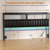 Black Headboard for Bed Frame, Upholstered Headboards with Outlets, USB Pots, LED Lights, Height Adjustable