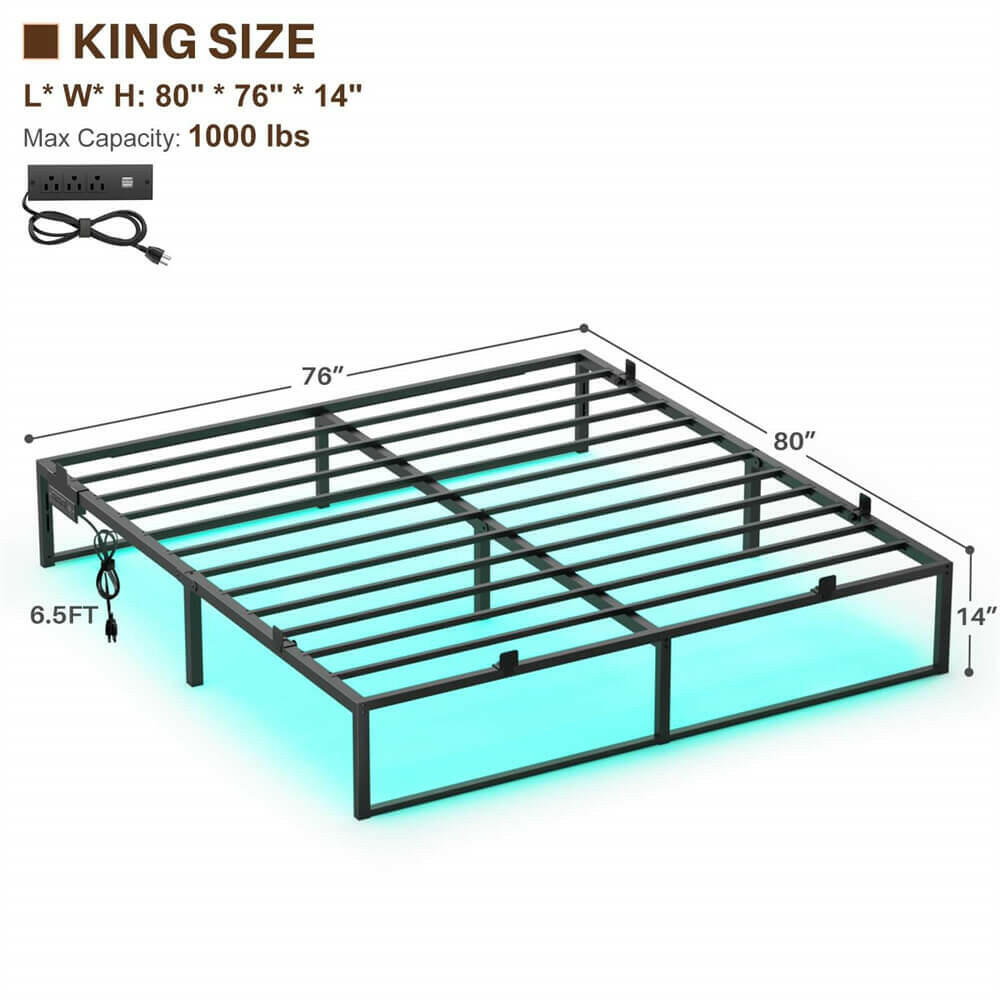 Unikito Bed Frame with Charging Station and LED Lights, Metal Platform Bed Frame with Non-Slip Mattress Gaskets, No Box Spring Needed, Easy Assembly