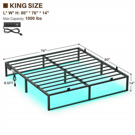 Unikito Bed Frame with Charging Station and LED Lights, Metal Platform Bed Frame with Non-Slip Mattress Gaskets, No Box Spring Needed, Easy Assembly