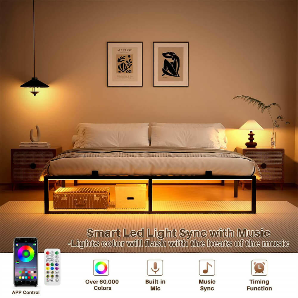 Unikito Bed Frame with Charging Station and LED Lights, Metal Platform Bed Frame with Non-Slip Mattress Gaskets, No Box Spring Needed, Easy Assembly