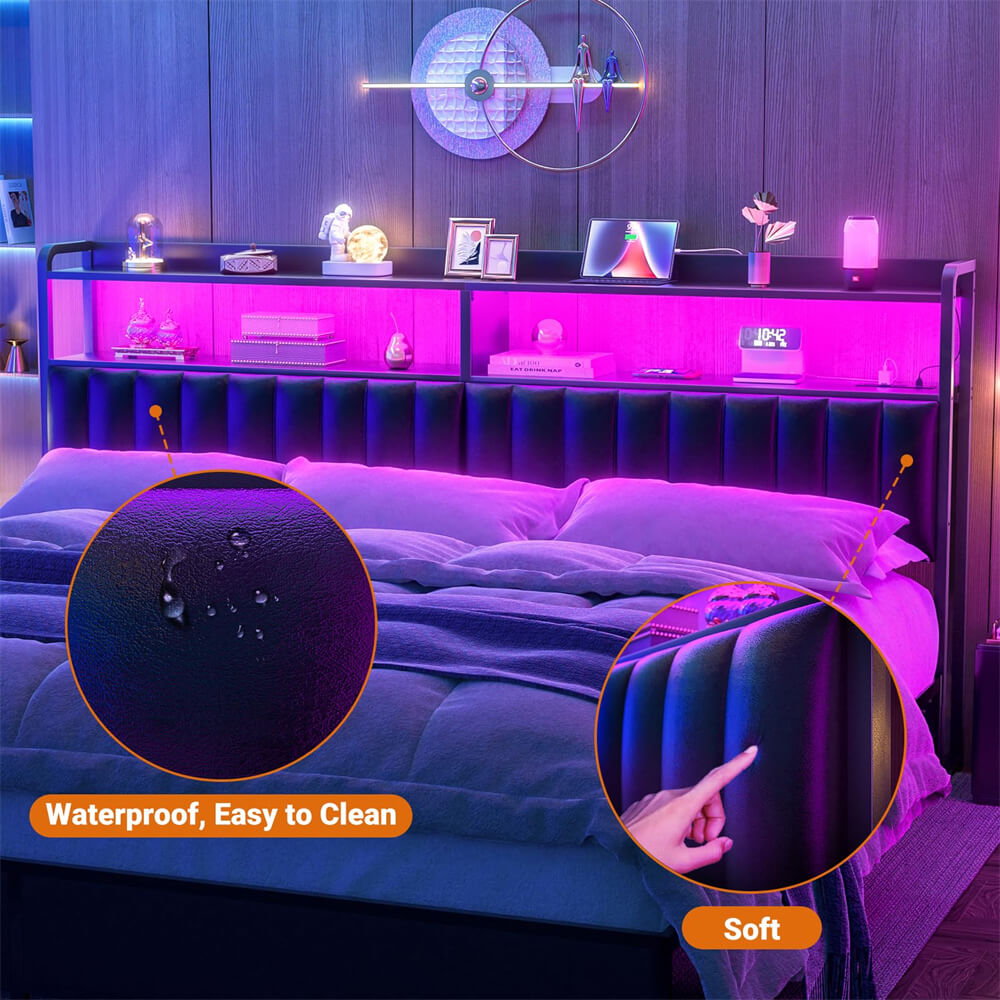 Black Headboard for Bed Frame, Upholstered Headboards with Outlets, USB Pots, LED Lights, Height Adjustable