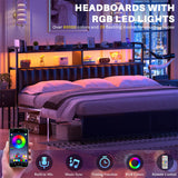 Black Headboard for Bed Frame, Upholstered Headboards with Outlets, USB Pots, LED Lights, Height Adjustable