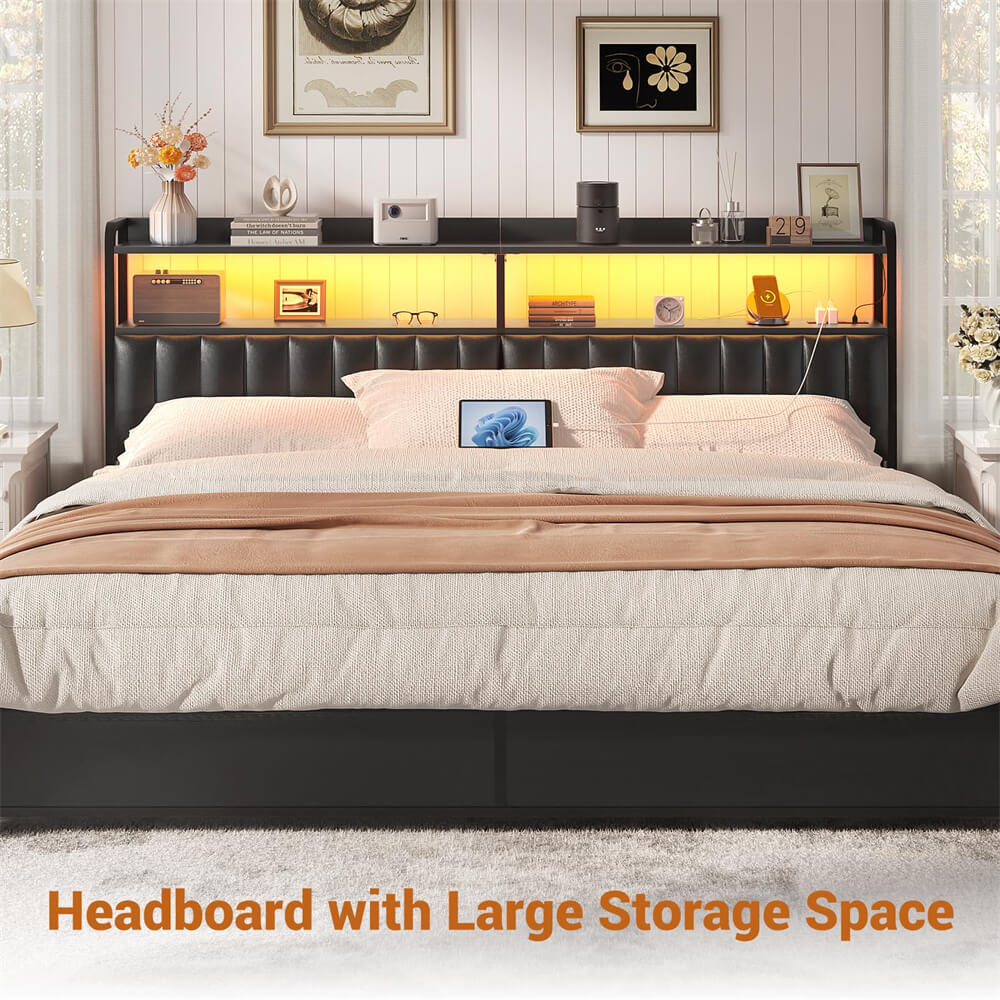 Black Headboard for Bed Frame, Upholstered Headboards with Outlets, USB Pots, LED Lights, Height Adjustable